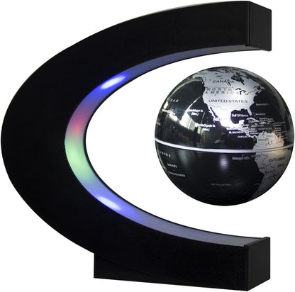Senders Floating Globe with LED Lights C Shape Magnetic Levitation Floating Globe World Map for Desk Decoration (Black-Silver)