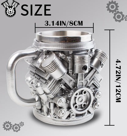 OOXYG V6 Engines Stainless Steel Coffee Cup, 14 OZ Coffee Mug With Handle, Car V6 Engine Design Coffee Cup, Unique Heavy-duty Metal Cup Gift for Car Enthusiasts