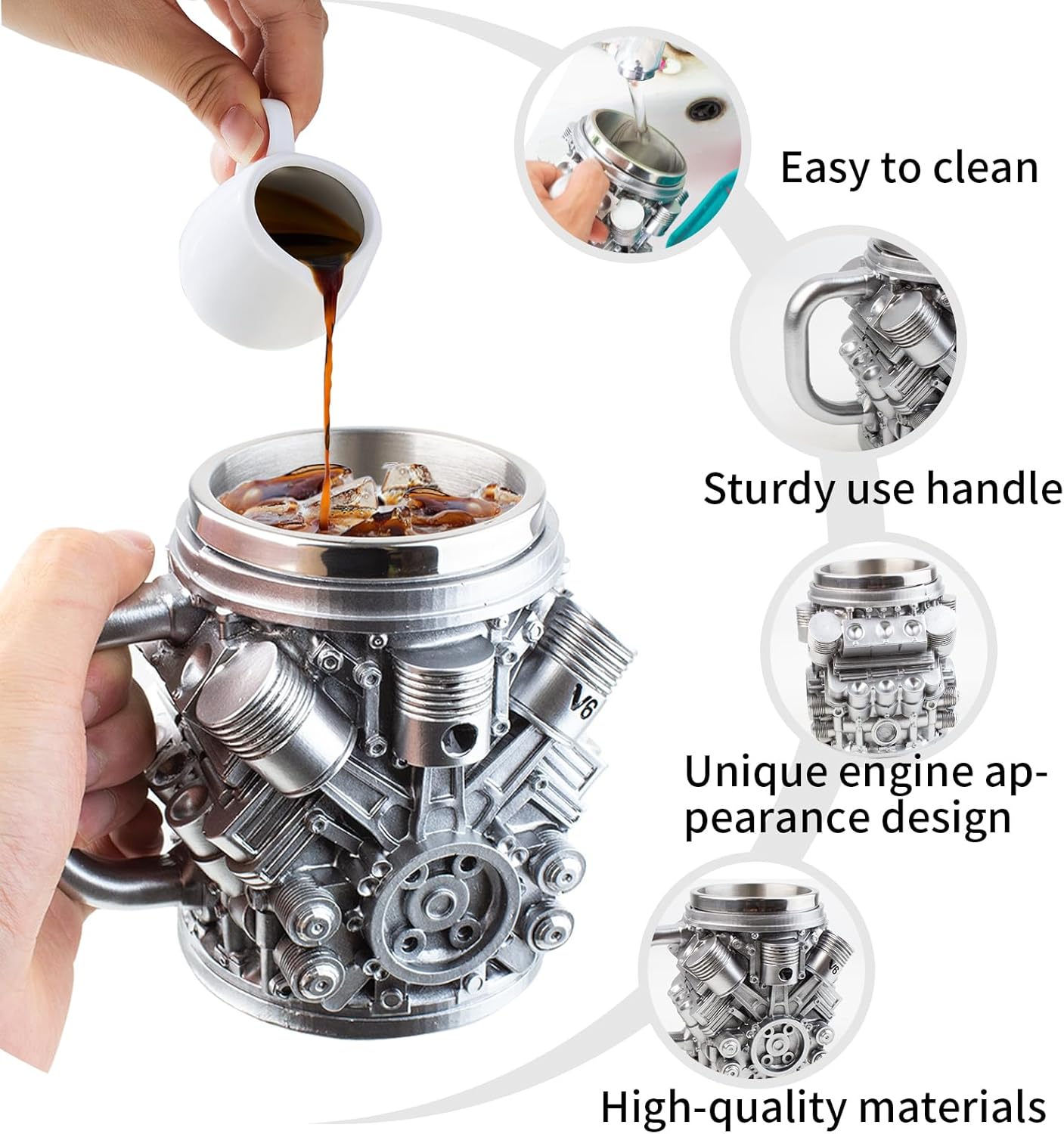OOXYG V6 Engines Stainless Steel Coffee Cup, 14 OZ Coffee Mug With Handle, Car V6 Engine Design Coffee Cup, Unique Heavy-duty Metal Cup Gift for Car Enthusiasts